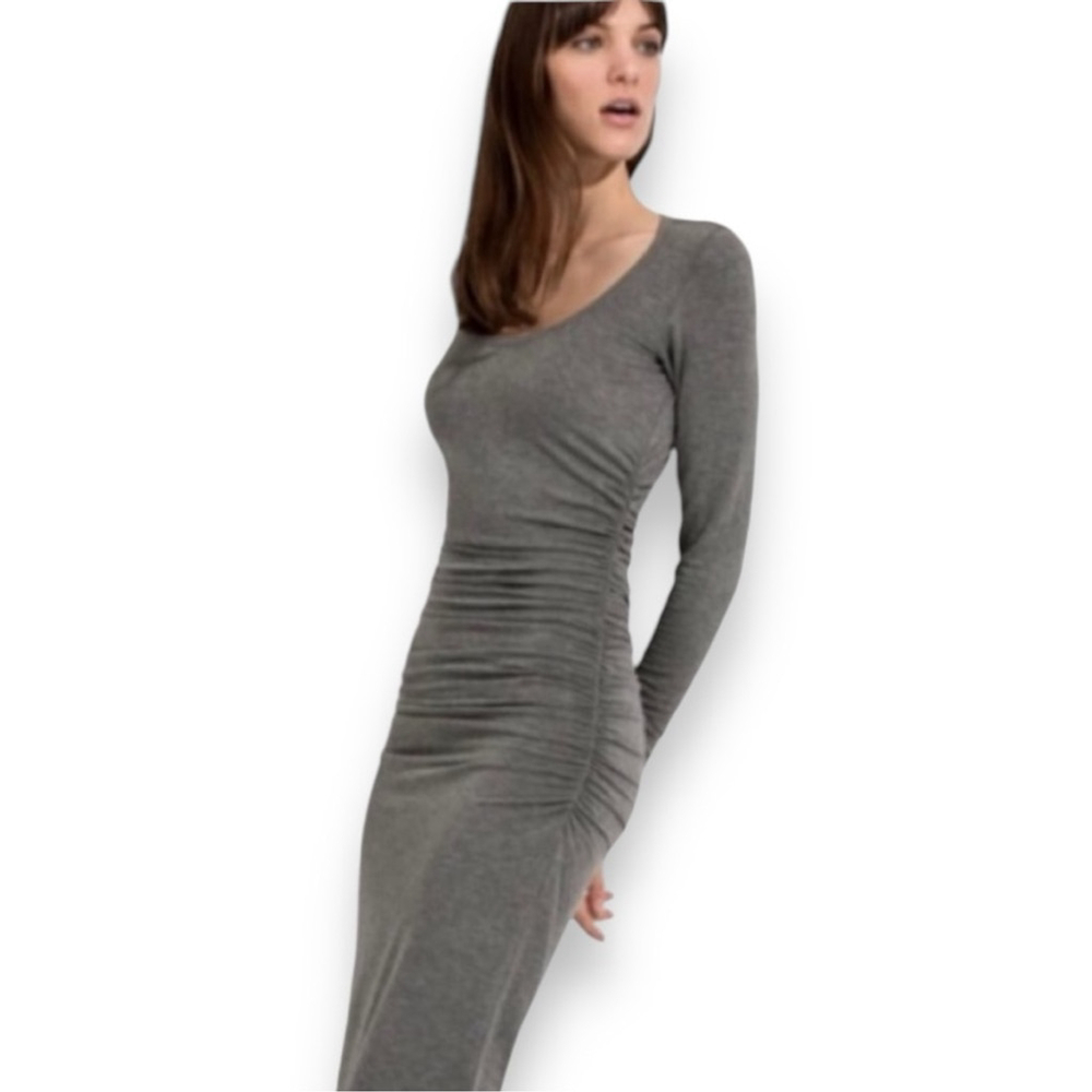 Kit and Ace Emory Brushed Long Sleeve Ruched Midi Dress Grey Bodycon